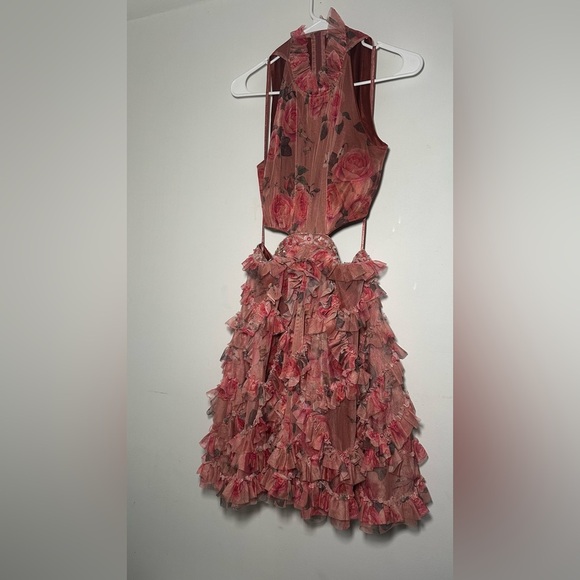 Mac Duggal Barbie Pink Floral Ruffled Cutout Dainty Halter Mini Dress Size 6 - Picture 7 of 16